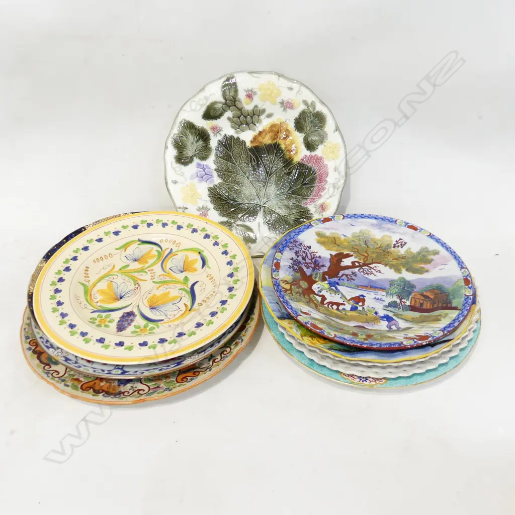 10 ASST. ANTIQUE PLATES INCL. 1 GOOD WEDGWOOD LEAF MAJOLICA Image 1++