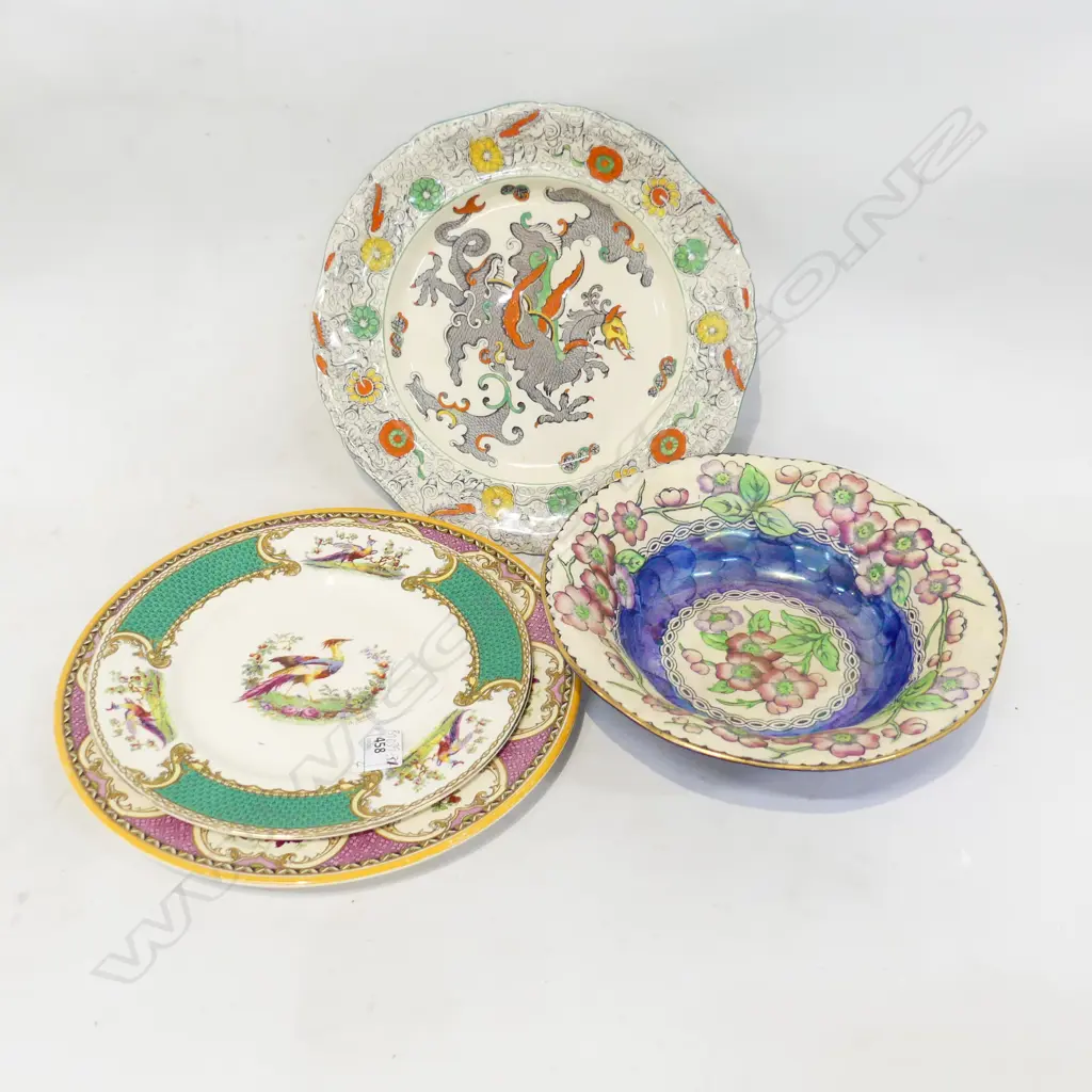 3 CABINET PLATES ONE MASONS AND MALING BLUE THUMBPRINT BOWL  Image 1++