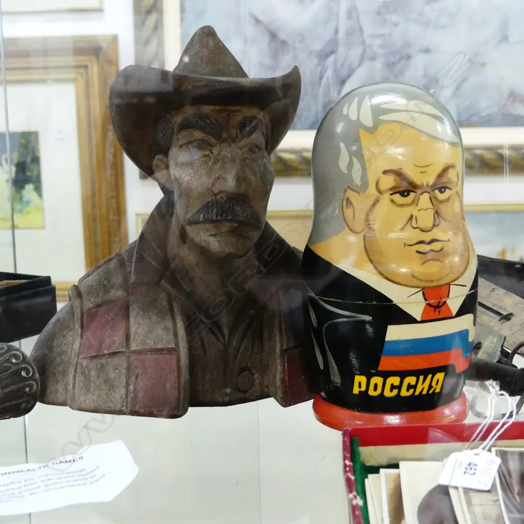 CARVED RUSTIC  COWBOY BUST H200MM + RUSSIAN POLITICAL DOLL H200MM Image 1++