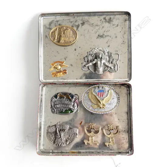 TIN 8 VINTAGE BELT BUCKLES HARLEY DAVIDSON, USA, ETC