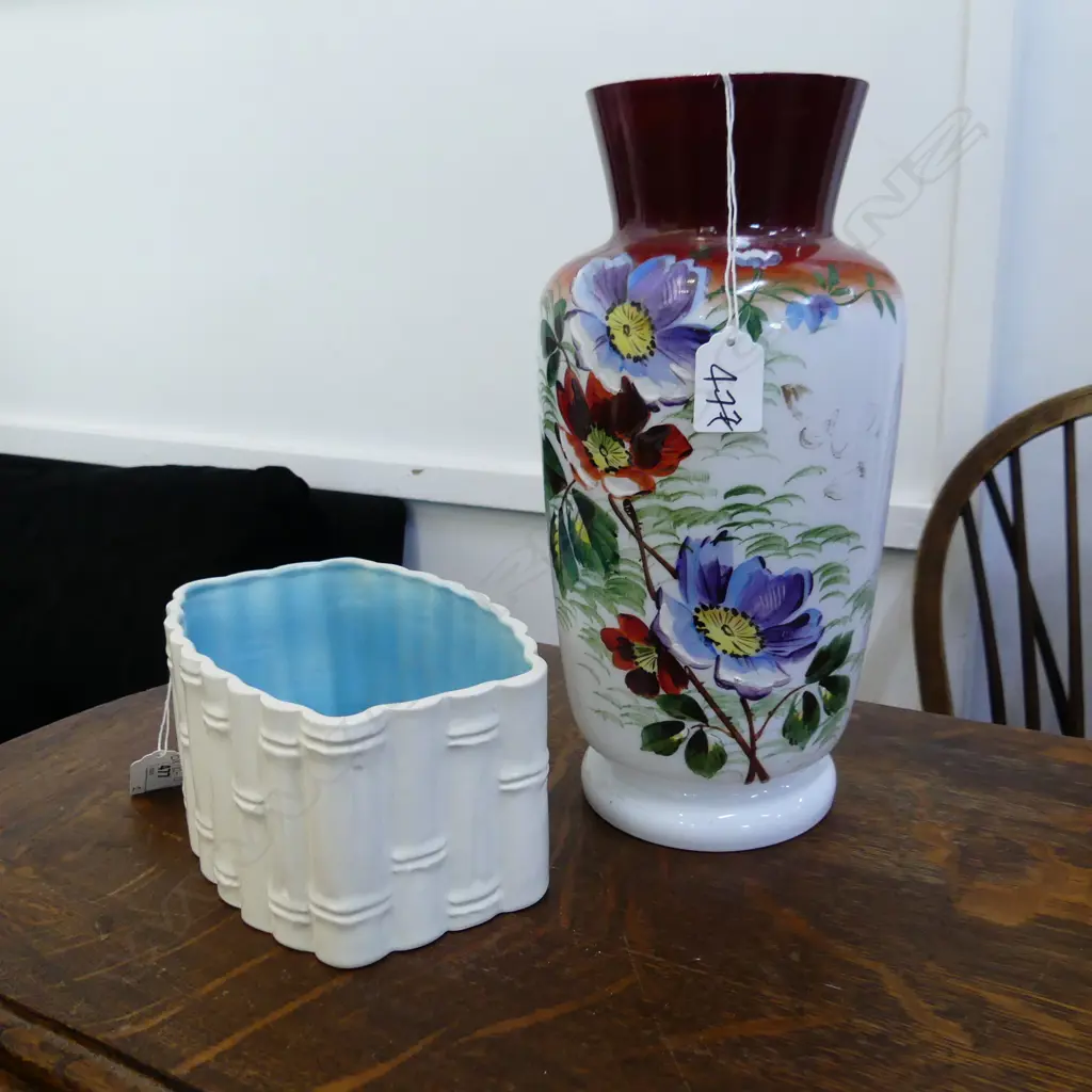 ENGLISH ROYAL NORFOLK TROUGH VASE + HAND PAINTED MILK GLASS VASE H Image 1++