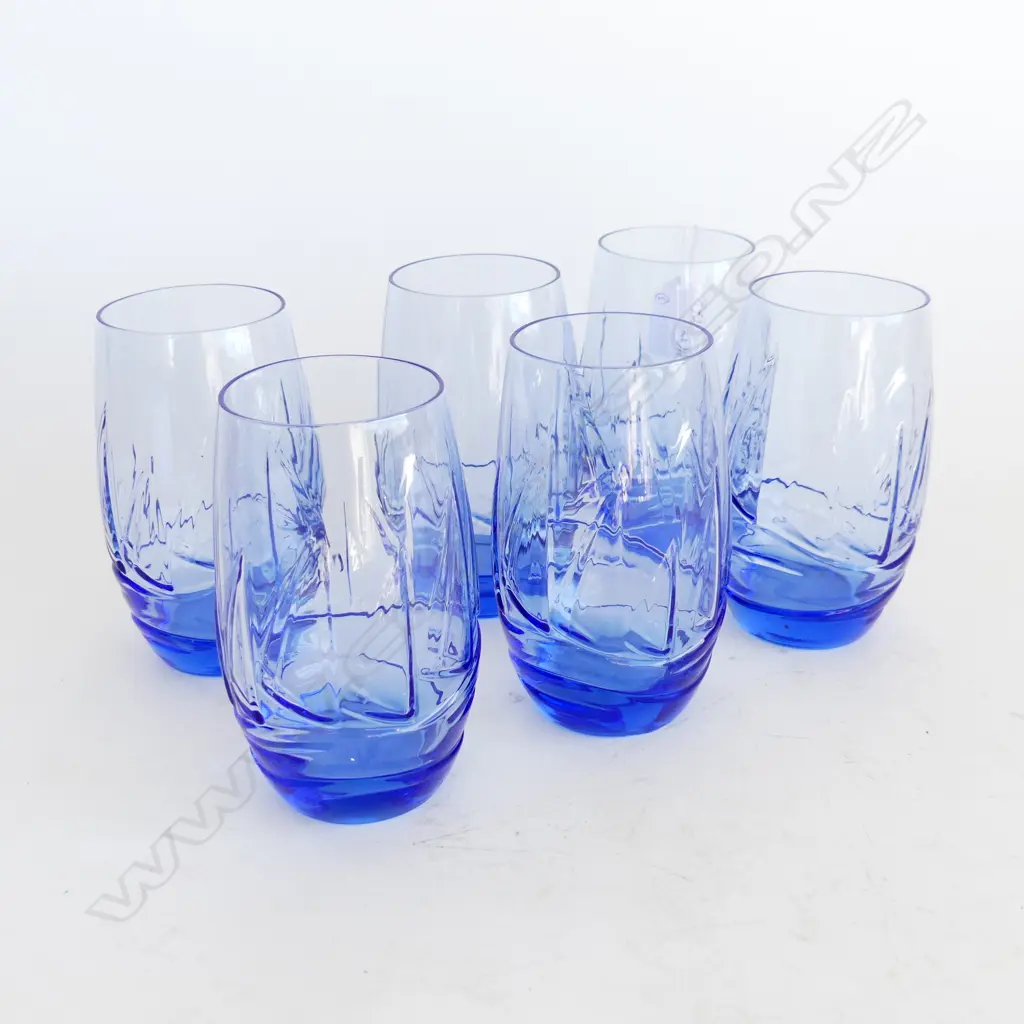 SET OF 6 LARGE BLUE GLASS TUMBLERS IMPRESSED WITH YACHTS H. 135MM Image 1++