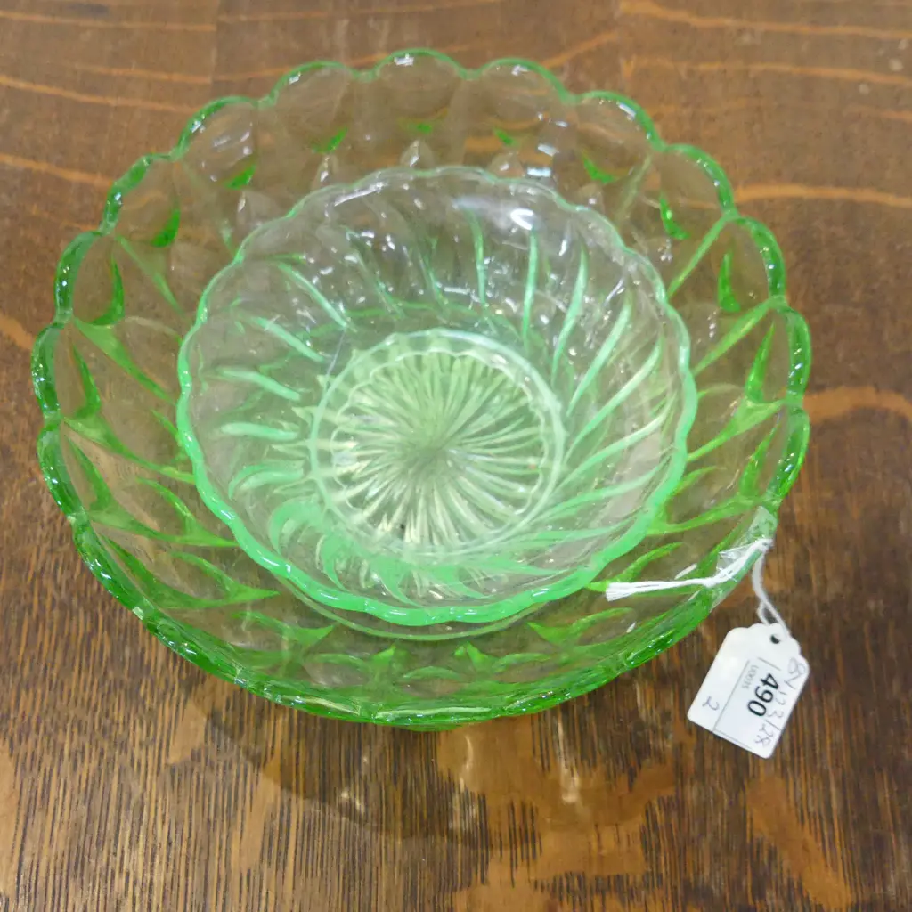 2 GREEN URANIUM GLASS BOWLS 195mm dia Image 1++