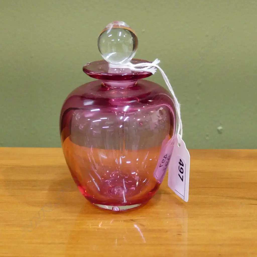 PETER RAOS ART GLASS CRANBERRY COLORED PERFUME, SIGNED & DATED '88 TO BASE, 60 x 95mm Image 1++