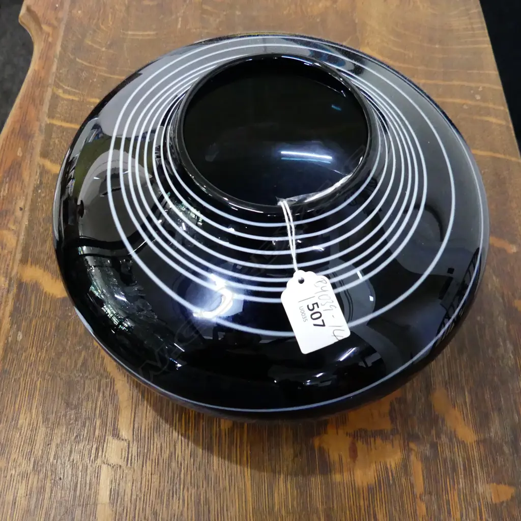 LARGE BLACK GLASS VASE HANDBLOWN WITH INTERNAL WHITE SPIRAL. 250X170mm Image 1++