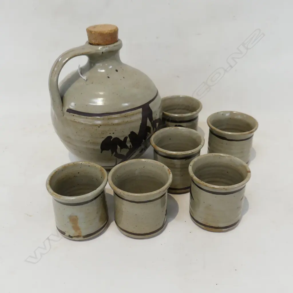 7 PC STUDIO POTTERY SET, FLAGON & 6 CUPS - JAPANESE? Image 1++