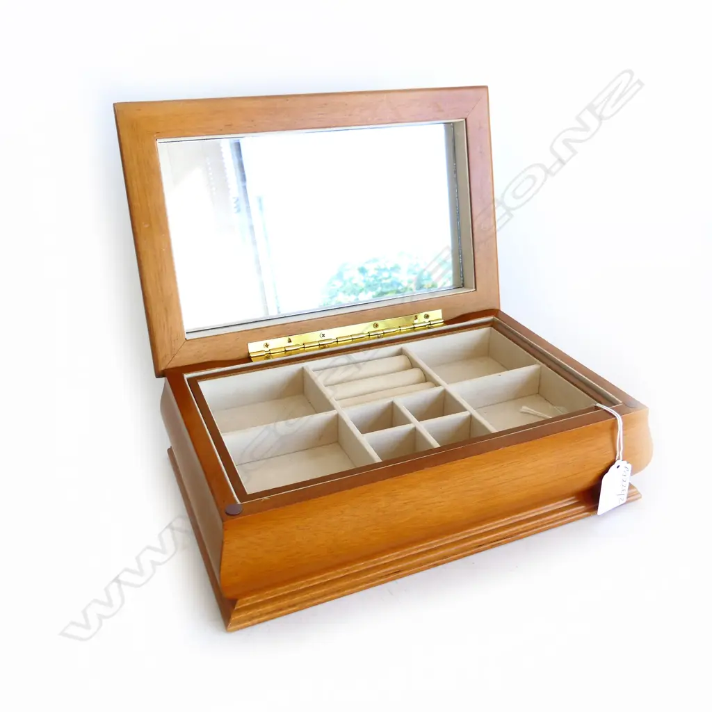SHERATON REVIVAL WOODEN JEWELLERY BOX WITH FITTED TRAY & MIRROR EXCELLENT CONDITION L. 27CM Image 1++