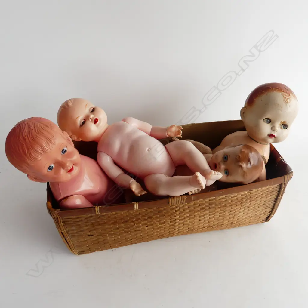 WOVEN CANE BASKET L500MM & CONTENTS 4 VINTAGE DOLLS Image 1++