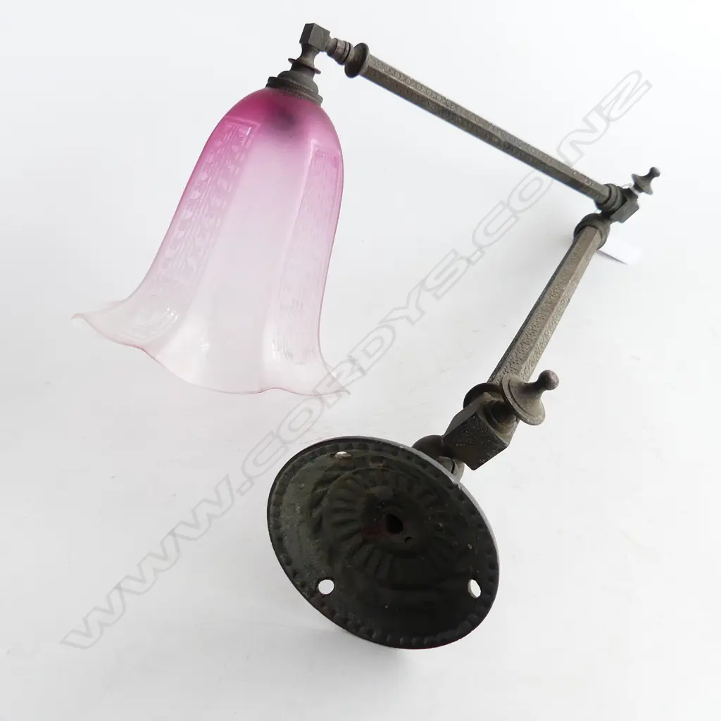 ANTIQUE WALL MOUNTED SWING LAMP w. CRANBERRY SHADE L.415mm Image 1++
