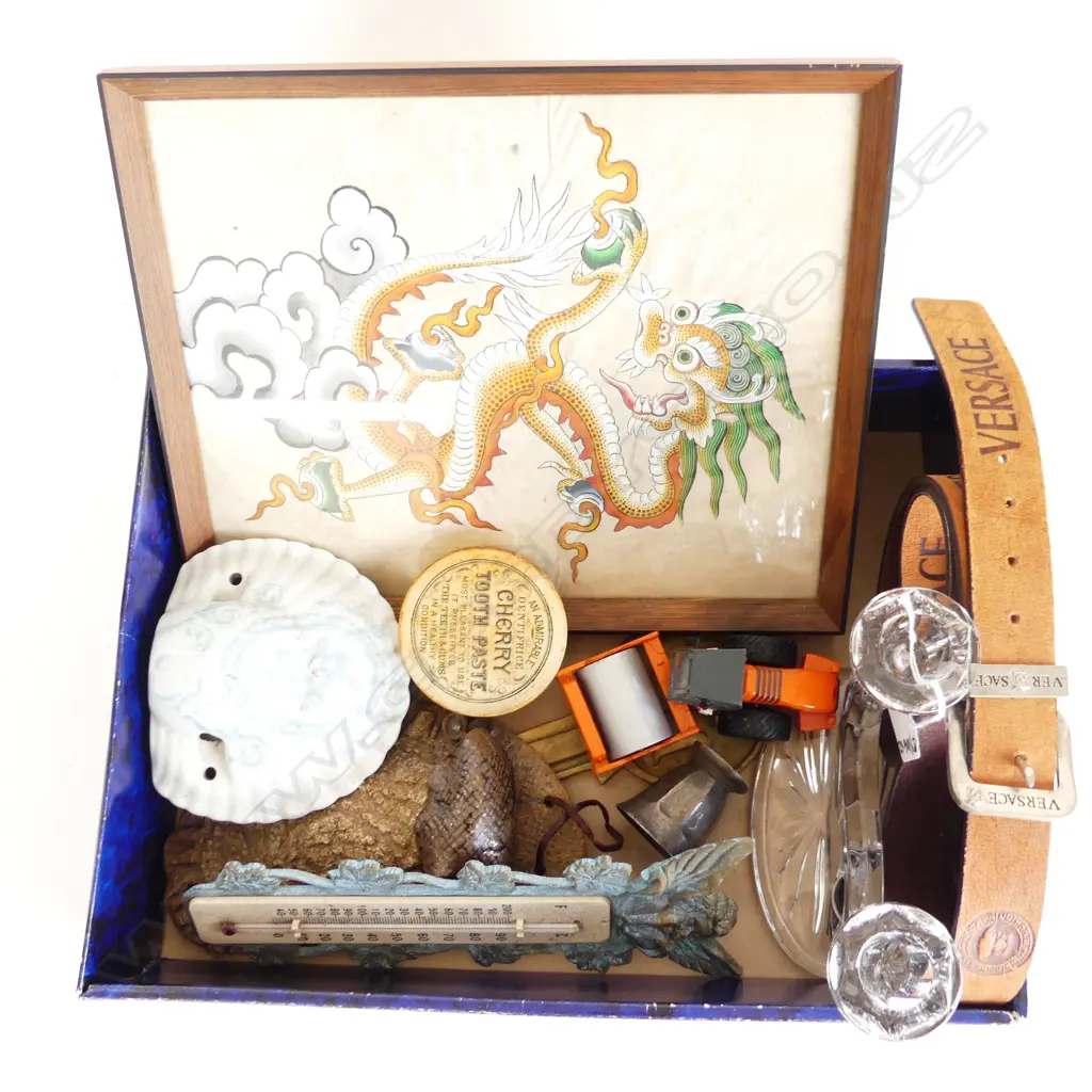 BOX OF SMALL ITEMS: Asian dragon w/c. Belt. 21st key. Paste lid. Glass paperweight etc Image 1++
