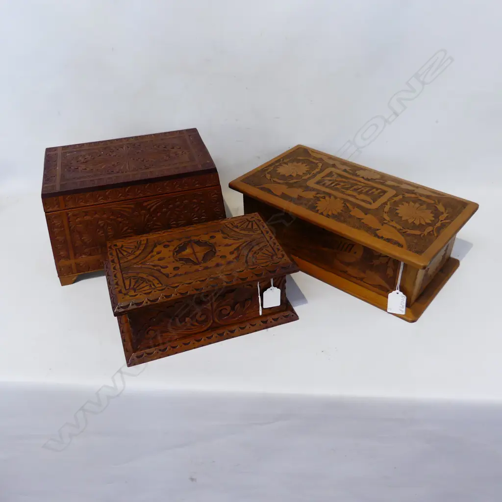 THREE CARVED BOXES ONE KAURI MIZPAH FROM ROTORUA 350mm KAURI CHIP CARVED 280mm & OAK SCROLLED 250mm Image 1++