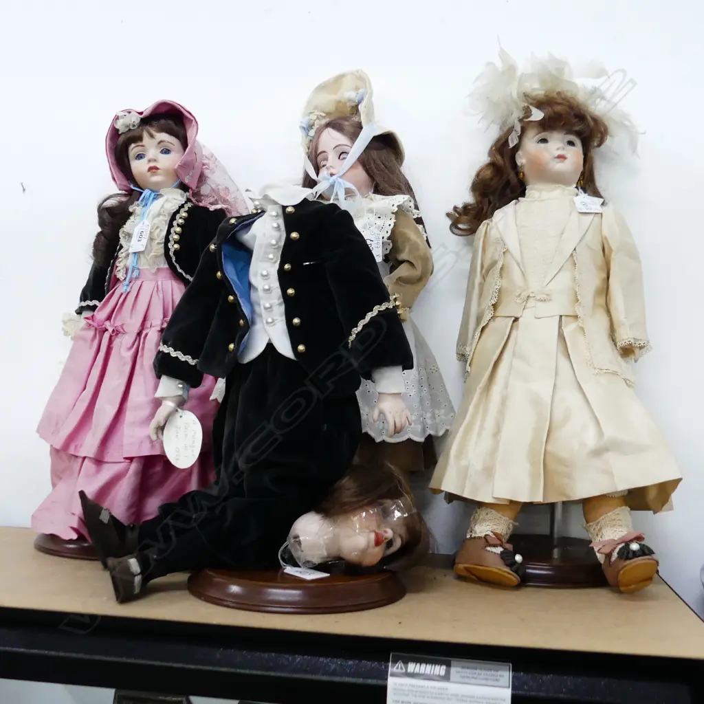 4 VINTAGE DOLLS, ONE HEAD DETACHED. 3 OF 4 DOLLS SIGNED TO BACK OF NECK Image 1++
