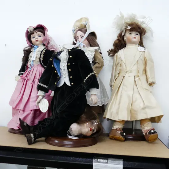 4 VINTAGE DOLLS, ONE HEAD DETACHED. 3 OF 4 DOLLS SIGNED TO BACK OF NECK