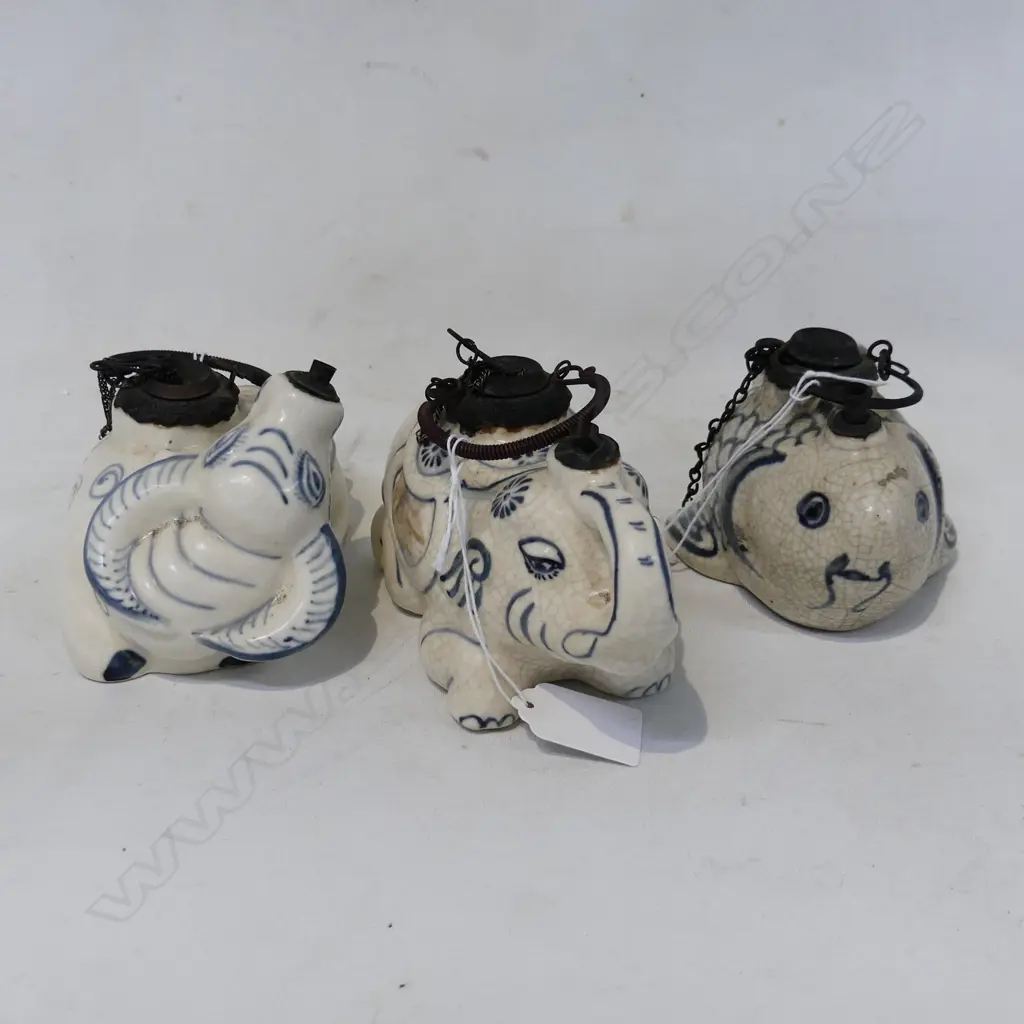 3 PORCELAIN OPIUM PIPES AS ELEPHANT FISH AND COW.  Image 1++