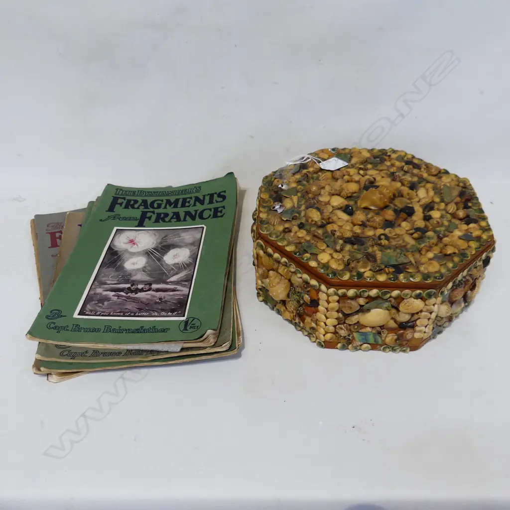 FOLKART SHELL COVERED SEWING BOX WITH MANY THIMBLES  & 6 'FRAGMENTS OF FRANCE ' MAGAZINES ( BAIRNSFATHER ILLUSTRATED) Image 1++