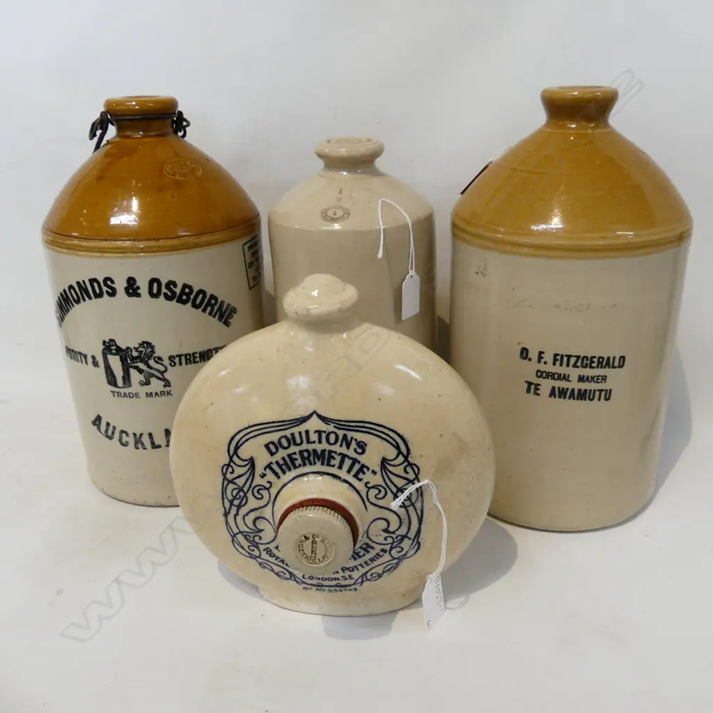 4 STONEWARE ITEMS. SIMMONDS & OSBOURNE + FITZERALD TE WAMUTU CROCKS & 2 BEDWARMERS.( ONE DOULTON) Image 1++