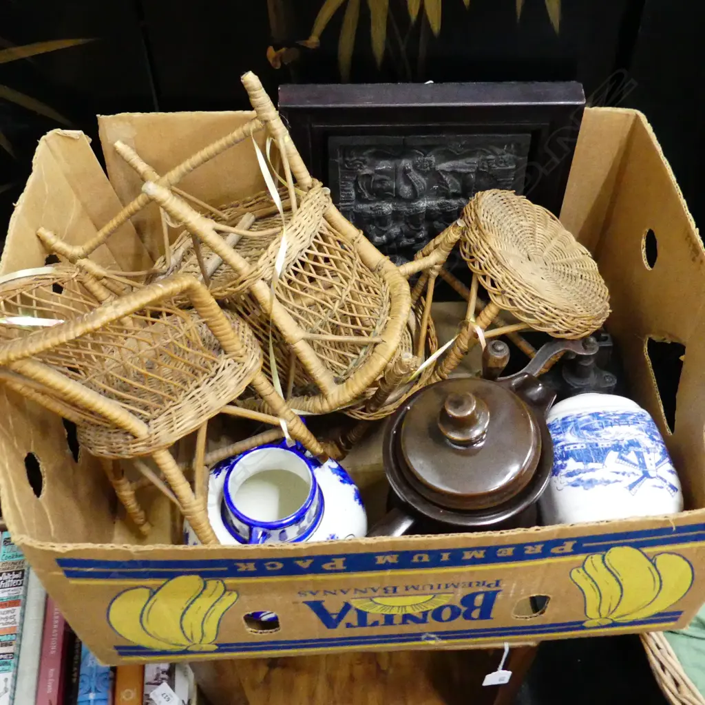 BOX LOT 4 PCES CANE DOLL FURNITURE ,B/W VASE, BOROBUDUR TILE, DELFT COFFEE GRINDER ETC Image 1++