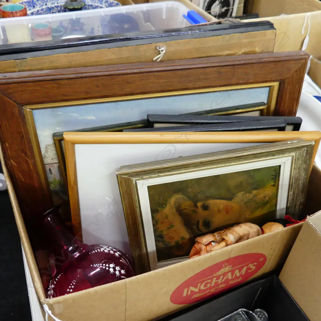 BOX LOT FABRIC, DOLL, RUBY GLASS VASE, RECORDS, ART Image 1++