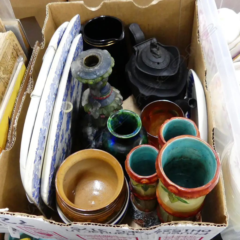 ASST. ANTIQUE CHINA INCL. BLACK JASPERWARE TEA POT (REPAIRED), 3 DRAINERS AF, ETC Image 1++