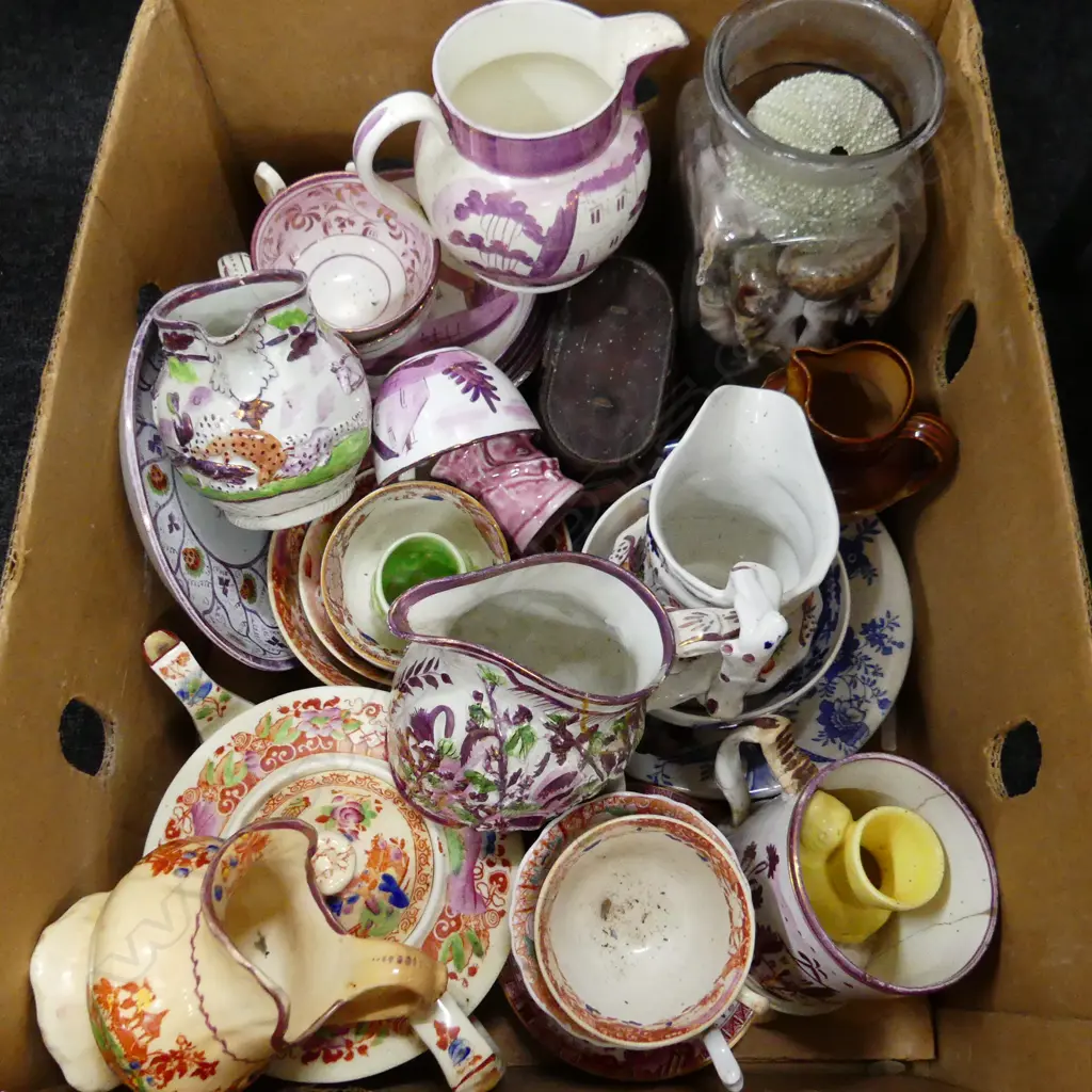 BOX LOT ASST. ANTIQUE CHINA; LUSTRE, 3 EGG CUPS, OPERA GLASSES, SHELLS Image 1++