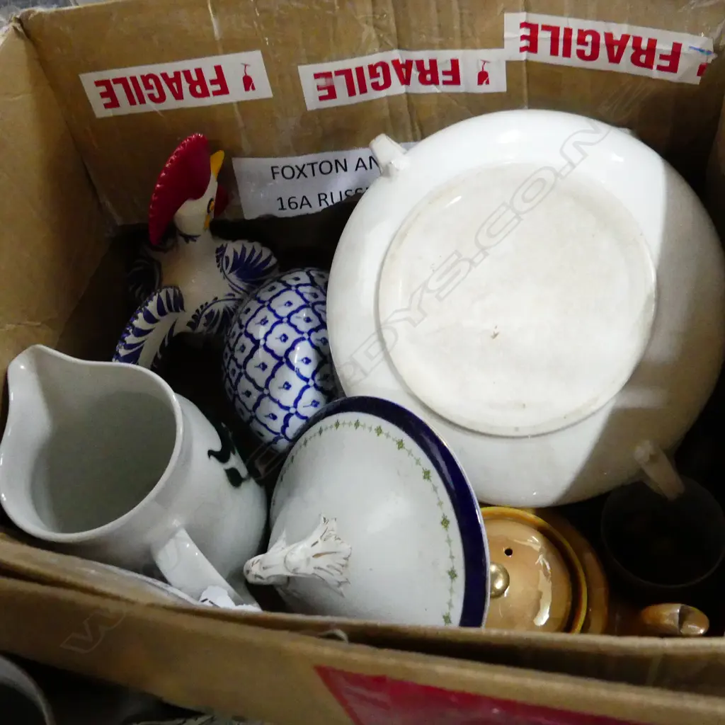 BOX LOT CHINA INCLUDING BL/WH TERRINES AND CHICKEN  Image 1++