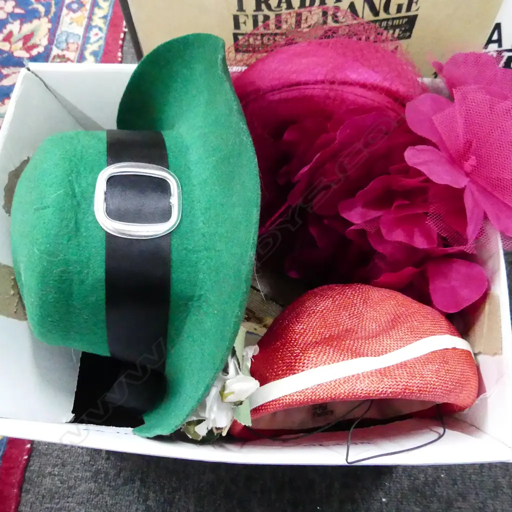 BOX OF 1940S LADIES HATS HEARTSHAPED BEADED WAR SOUVENIR FROM EGYPT. BEADED CUSHION AND EMBROIDERY Image 1++