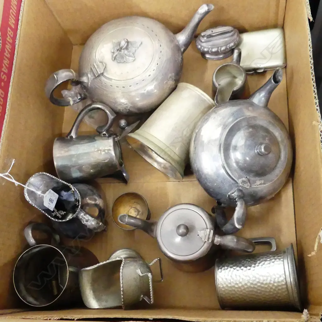 BOX SILVER PLATE INCLUDING TEAPOTS TANKARDS JUGS ETC  Image 1++
