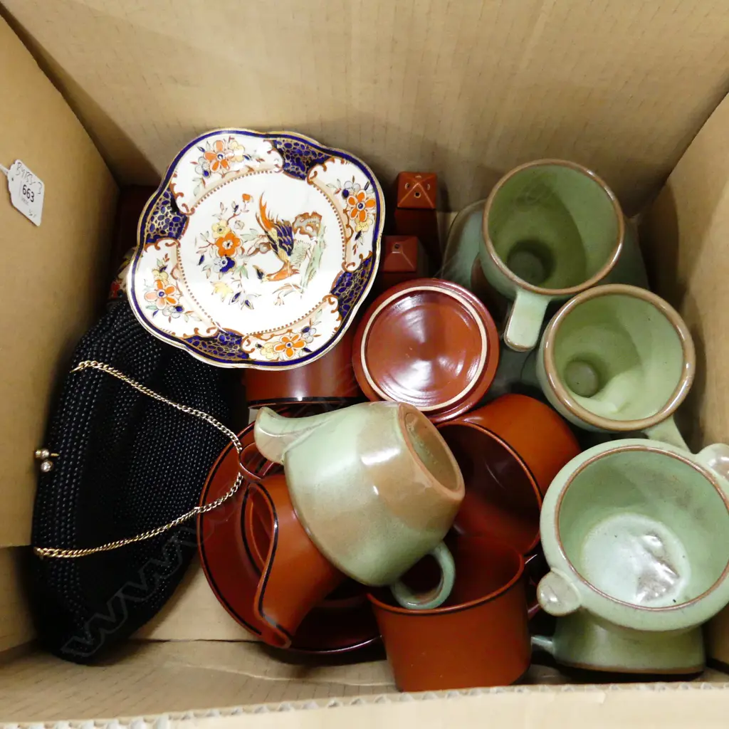 BOX OF EARTHENWARE POTTERY BY FRANKOMA & BY ROYAL WORCESTER CROWN WARE PLUS PLATE & 4 EGGCUPS BY BURSLEM  & BLACK PURSE Image 1++