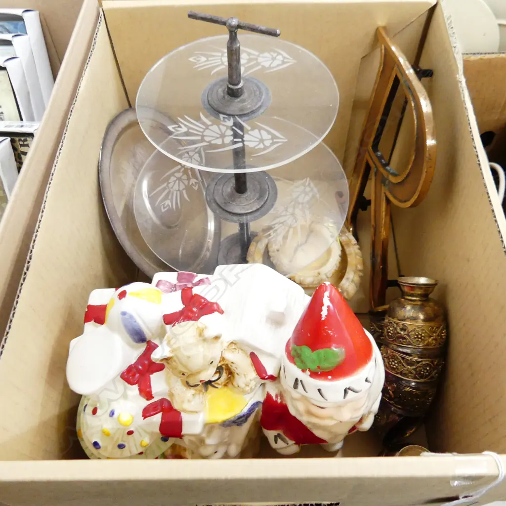 BOX LOT. INCLUDES 3 TIER PESPEX CAKE PLATE 2 SMALL MARBLE BIRD BATHS  SANTA BISQUIT BARREL 6 SILVER CUPS AND TRAY Image 1++