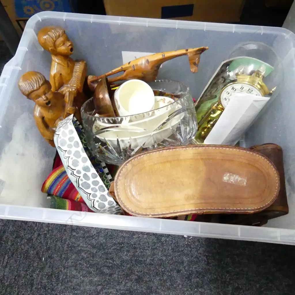 BOX LOT WOOD CARVINGS, SCHATZ DOME CLOCK, BINOCULARS ETC Image 1++