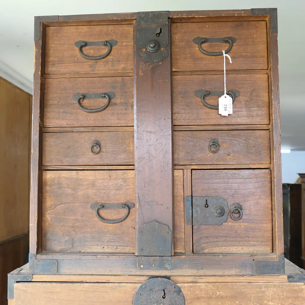 OLD c1900 JAPANESE CABINET 6 drawers w orig locking bar. H.480mm. Image 1++