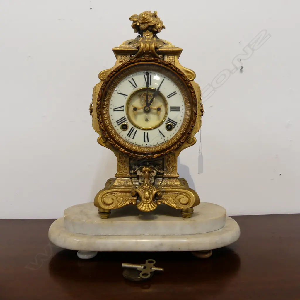 GILDED ANSONIA MANTLE CLOCK, MARBLE BASE & PENDULUM Image 1++