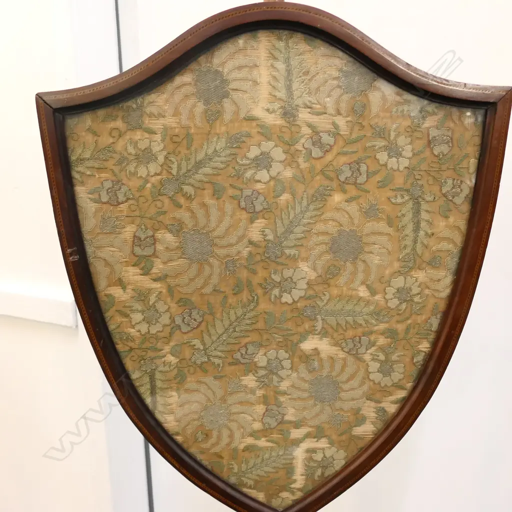 EDWARDIAN SHERATON REVIVAL POLESCREEN. SHIELD SHAPED WITH ORIGINAL TAPESTRY. H 1500mm Image 1++