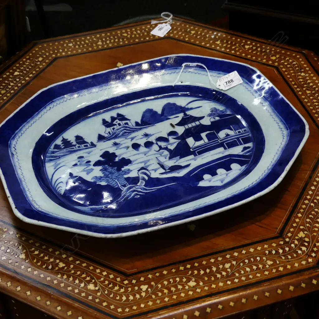 18th/19thC CHINESE LARGE PORCELAIN B & W OCTAGONAL ASHET WILLOW TYPE PATTERN 390X320mm Image 1++