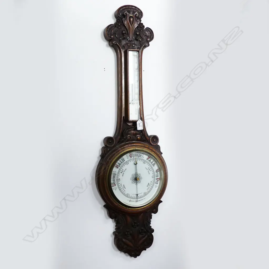 QUALITY 1920'S CARVED OAK FRAMED BAROMETER banjo wall type w thermometer Image 1++