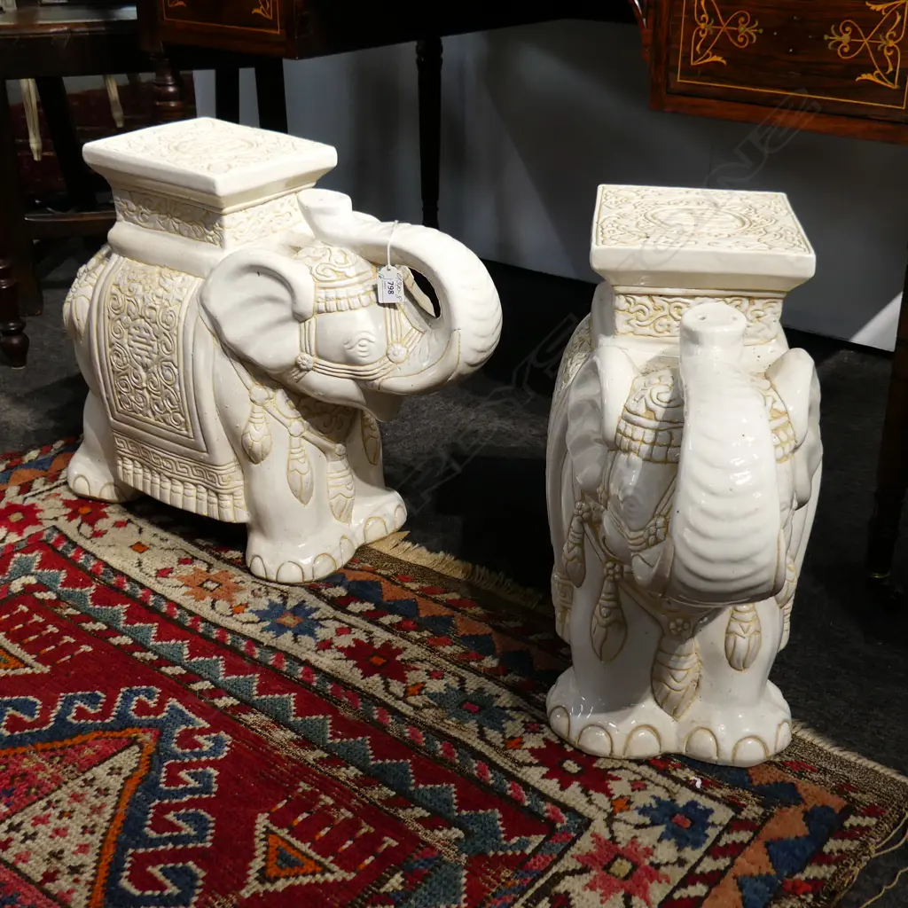 PR WHITE GLAZED ELEPHANT STOOLS/SEATS GOLD HIGHLIGHTS H.420mm Image 1++