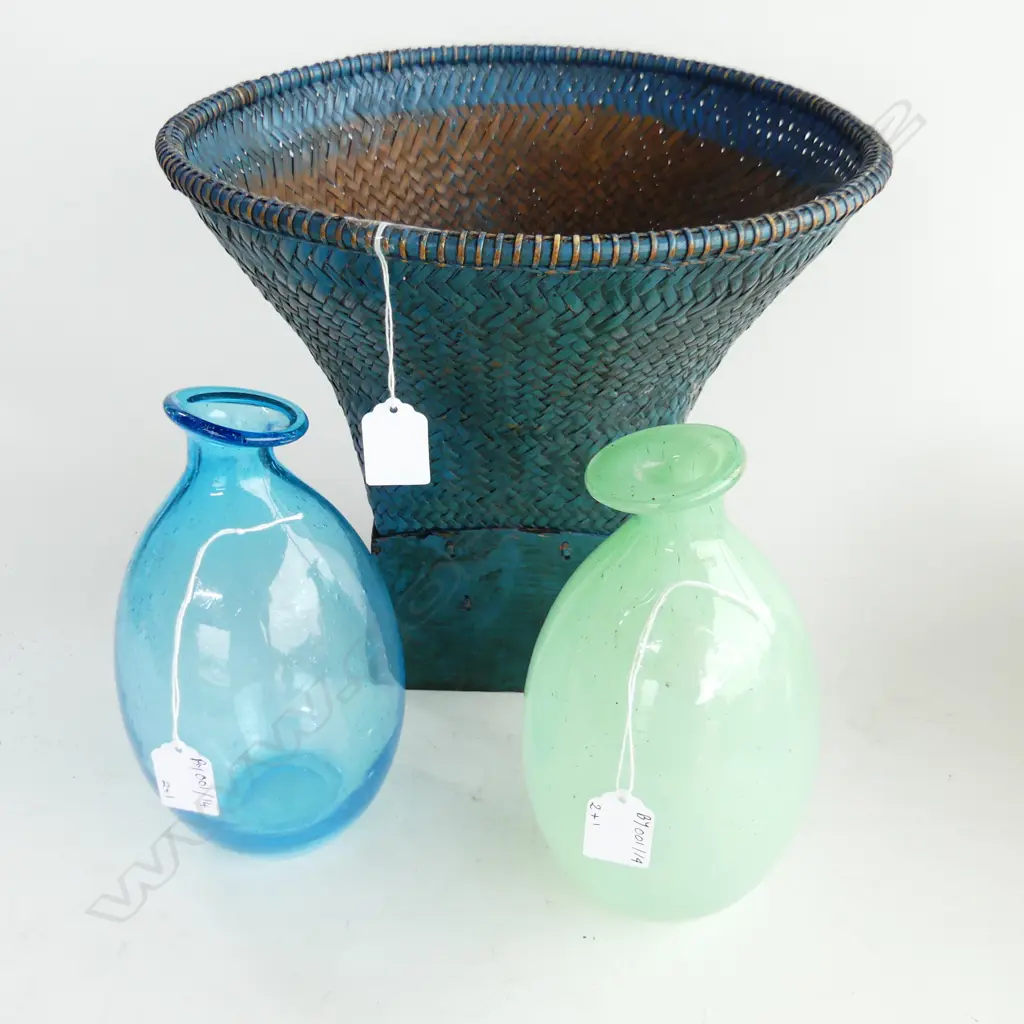 2 ART GLASS BOTTLES + BLUE PAINTED CANE CONTAINER H.280mm Image 1++