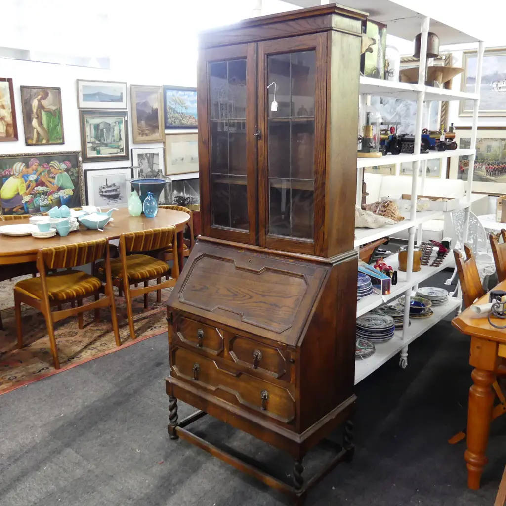 1930's JACOBEAN OAK LEADITE BOOKCASE BUREAU block molded detail barley twist legs H.1900 W.760mm w key Image 1++