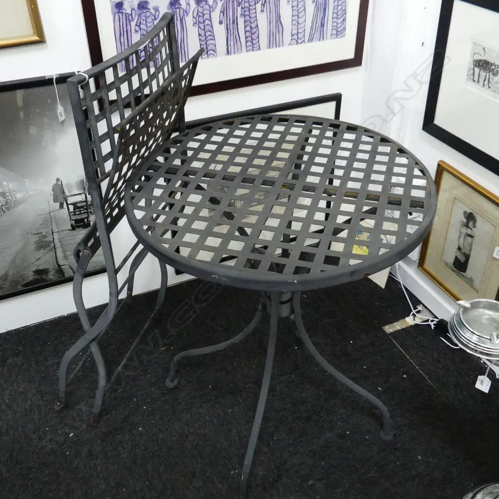 2 PCE BLACK METAL PATIO SET - TABLE & CHAIR (SOME WEAR) Image 1++