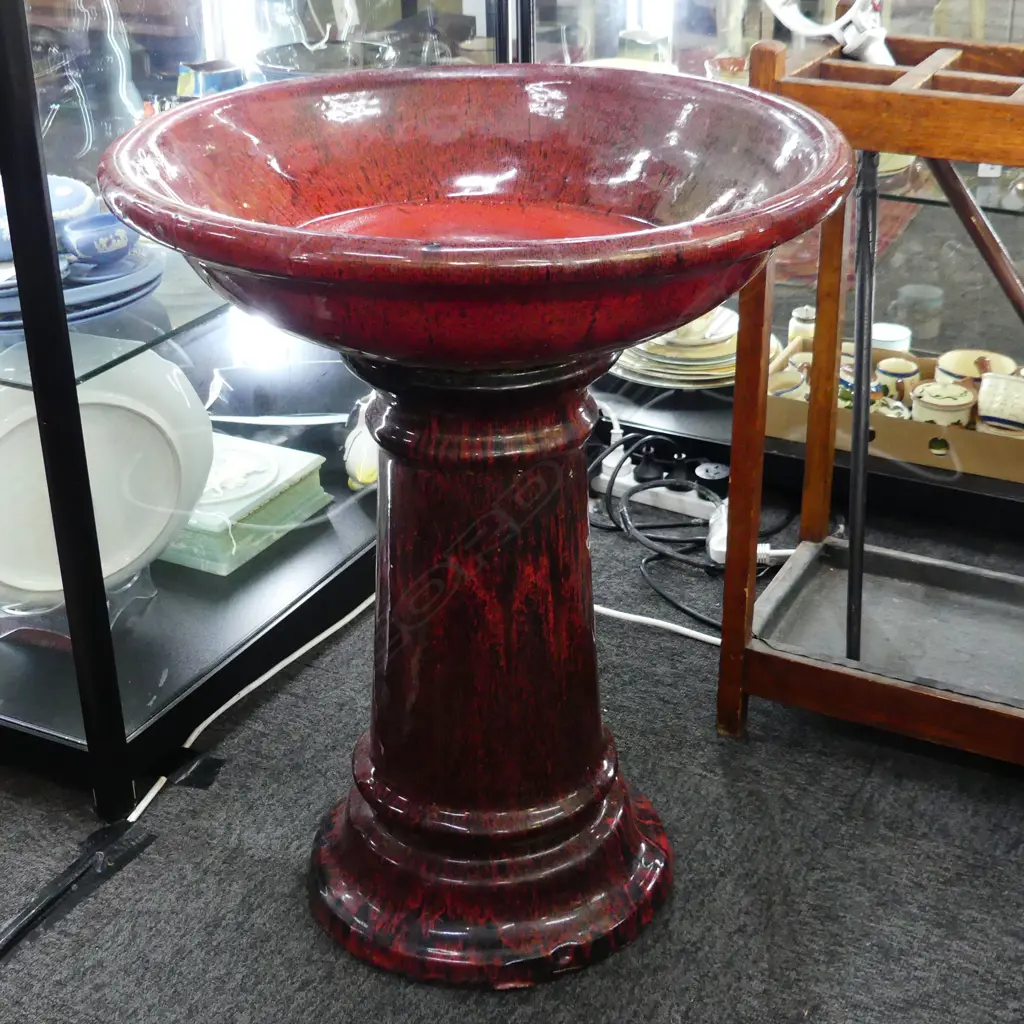 RED GLAZED BIRD BATH H.635mm / 520mm dia Image 1++