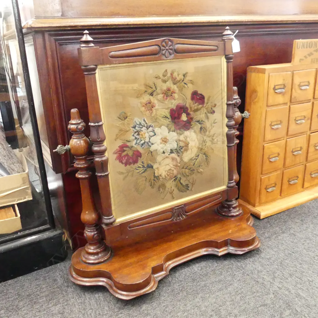 VICTORIAN EMBROIDERY IN MAHOGANY FRAME 700x260x725mm Image 1++