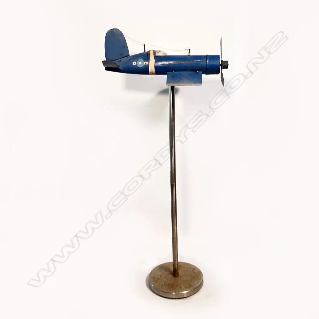 NZ RAF F4U CORSAIR AIRCRAFT WEATHER VAIN/MODEL blue PLANE on old chrome stand Image 1++
