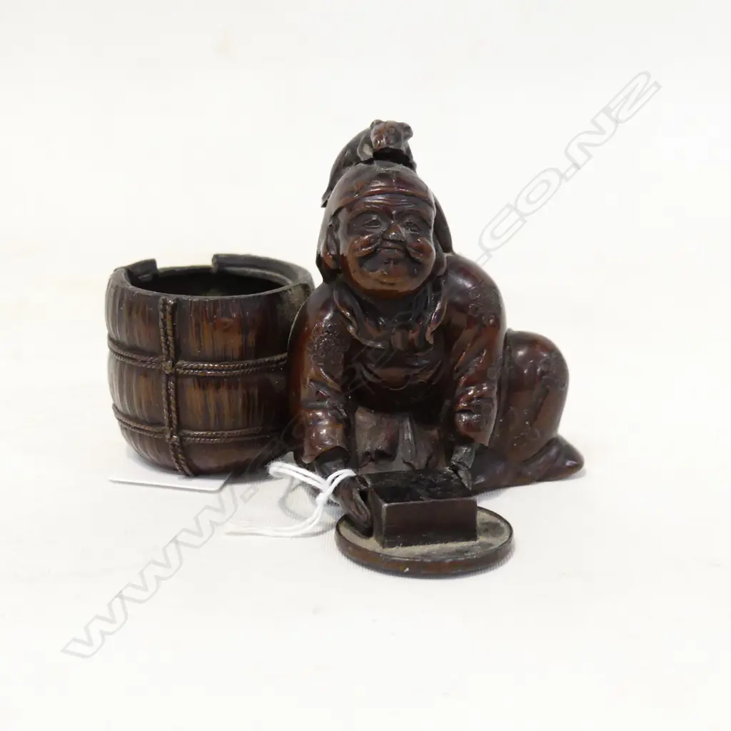 ANTIQUE JAPANESE METAL FIGURE w. RAT & BASKET (MISSING LID) W.100mm Image 1++