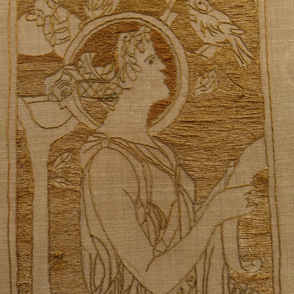 1920S WOODEN EMBROIDERED FIRESCREEN WITH IMAGE AFTER MUCHA ' SONG' 780X820mm Image 1++
