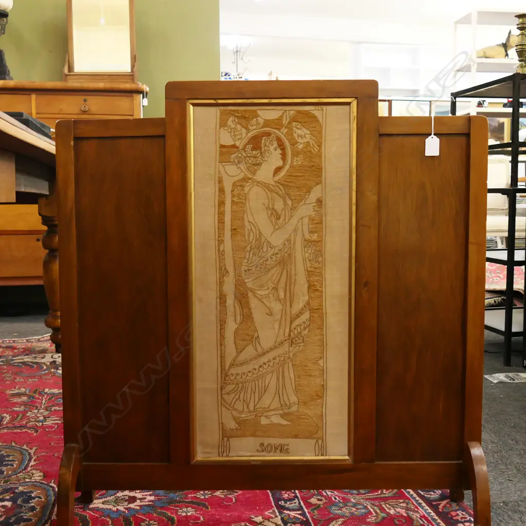 1920S WOODEN EMBROIDERED FIRESCREEN WITH IMAGE AFTER MUCHA ' SONG' 780X820mm Image 1++
