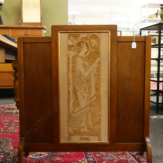 1920S WOODEN EMBROIDERED FIRESCREEN WITH IMAGE AFTER MUCHA ' SONG' 780X820mm