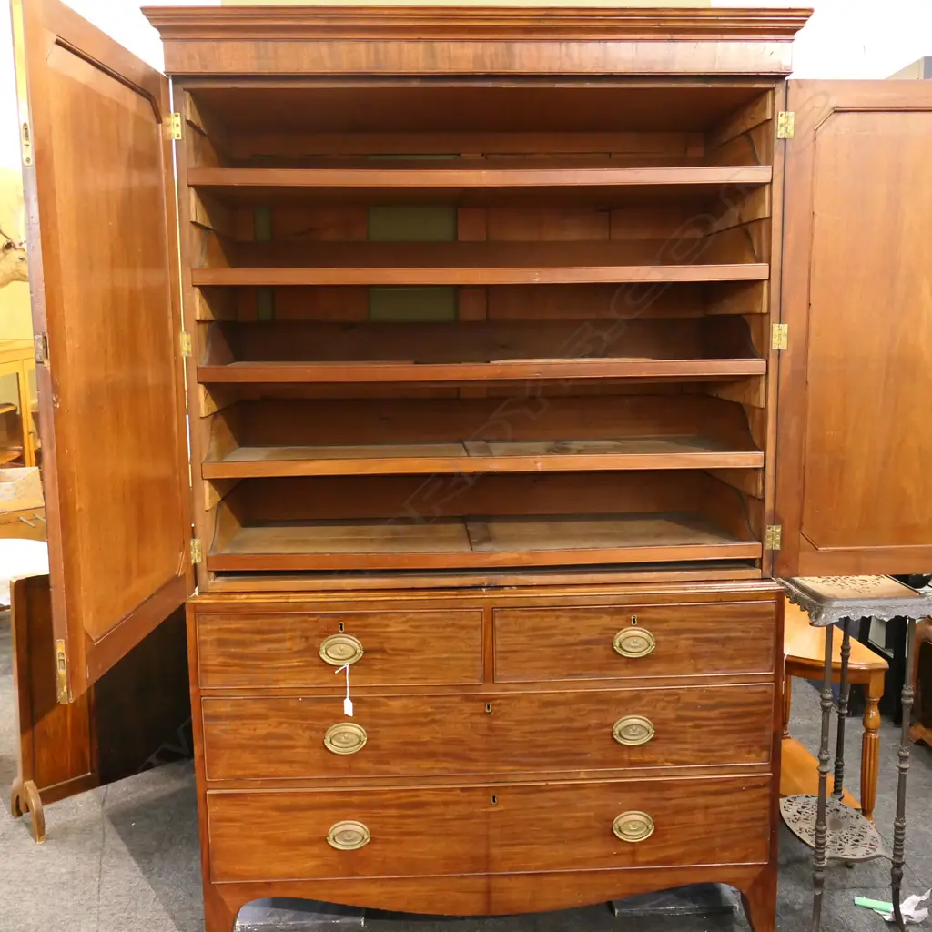 EARLY 19THC MAHOGANY LINEN PRESS. 5 DRAWER CHEST ON SPLAY BRACKET FEET .1300X580X2000H Image 1++