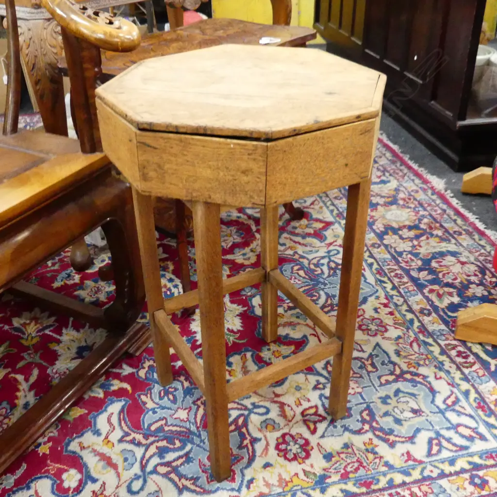 VINTAGE OAK OCTAGONAL SEWING TABLE w. SLIDING TOP 410mm dia H.670mm Image 1++
