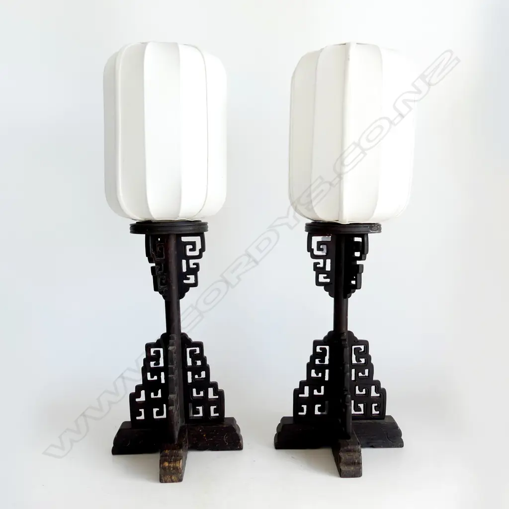 PAIR CHINESE ANTIQUE CARVED WOOD LAMPSTANDS WITH LINEN SHADES (PROPS FROM CROUCHING TIGER HIDDEN DRAGON) H.670 incl shde Image 1++