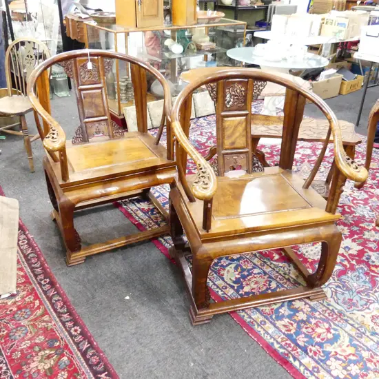 PR ORIENTAL CARVED WOODEN CHAIRS & SIDE TABLE
